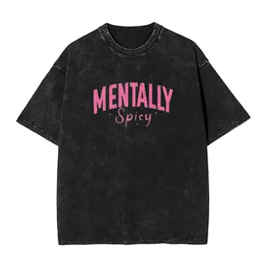 Washed Effect Graphic T-Shirt with Playful "Mentally Spicy" Typography Trendy Vintage Washed Tee for Women Aesthetic Casual Streetwear Top Fit Shirt for Daily Wear Cute Fun Statement Gift Idea