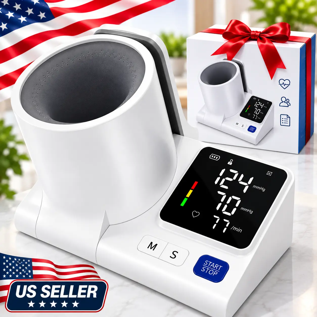 Upper Arm Blood Pressure Monitor for Home Use, Barrel Design One-Touch Blood Pressure Monitors for Home Use, Auto-Fit Wide Range 7.1"-16.5", 3-Color Backlight, 2 Users 2×99 Memory