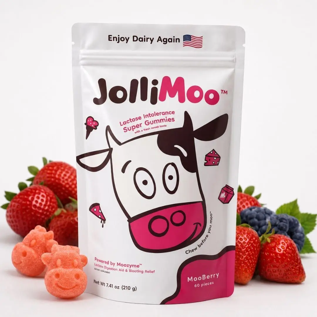 JolliMoo Lactase Enzyme Gummies for Lactose Intolerance – 60 Count Single-Dose Chewables, 200mg Moozyme per Gummy, Fast-Acting Digestive Support for Dairy, Mooberry Flavor Healthcare Fitness