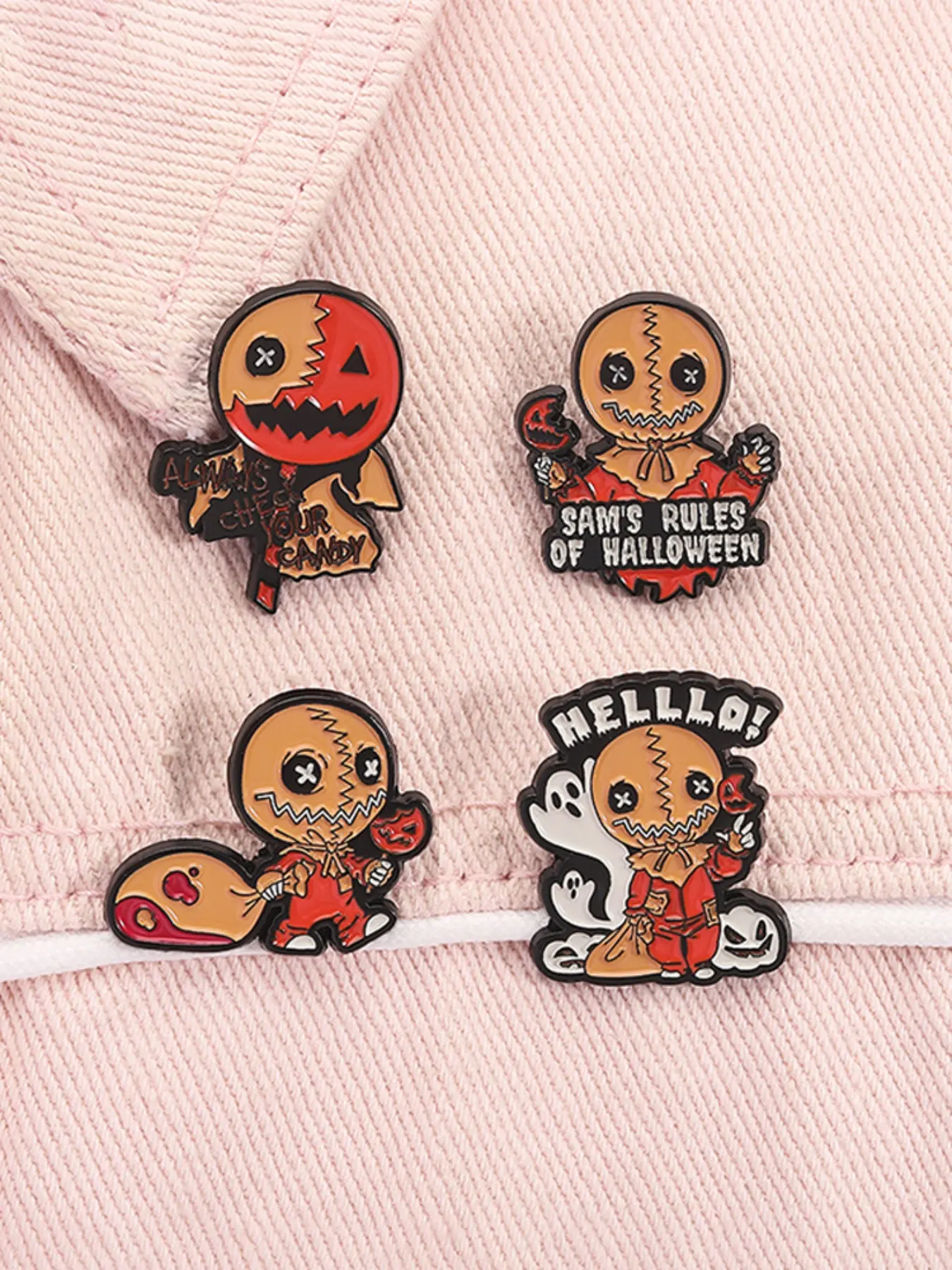4pcs/set Unique Horror Movies Trick Or Treat Enamel Pins Alloy Brooch Pin Sam's Rules Of Halloween Pumpkin Lollipop Metal Brooches Brooch Clip Lapel Backpack Badge Jewelry Accessories Gifts for Friends