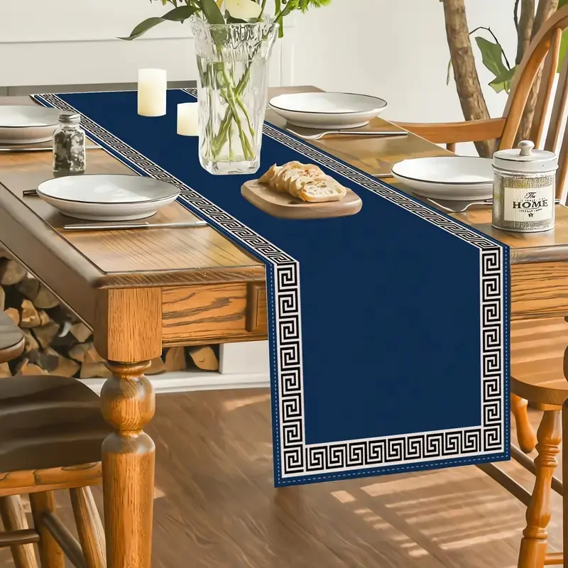 1 piece/4 piece/6 piece/5 piece set/7 piece set, geometric Greek pattern design table flag and placemat, suitable for dining tables, navy blue washable table mat, kitchen and dining table decoration