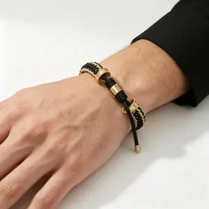 Men’s Rope & Chain Braided Link Bracelet, Stainless Steel Cuban Link Bracelet, Non Tarnish Metal Wristband, Hip Hop Street Style Jewelry, Fashion Bracelet for Men, Durable Everyday Accessory, Gift for Boyfriend Husband Dad，Black Gold