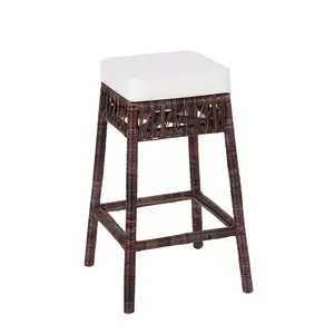 JONATHAN Y Bali Bohemian Basics Rattan Backless Bar Stool, White Cushion with Dark Brown Woven Frame