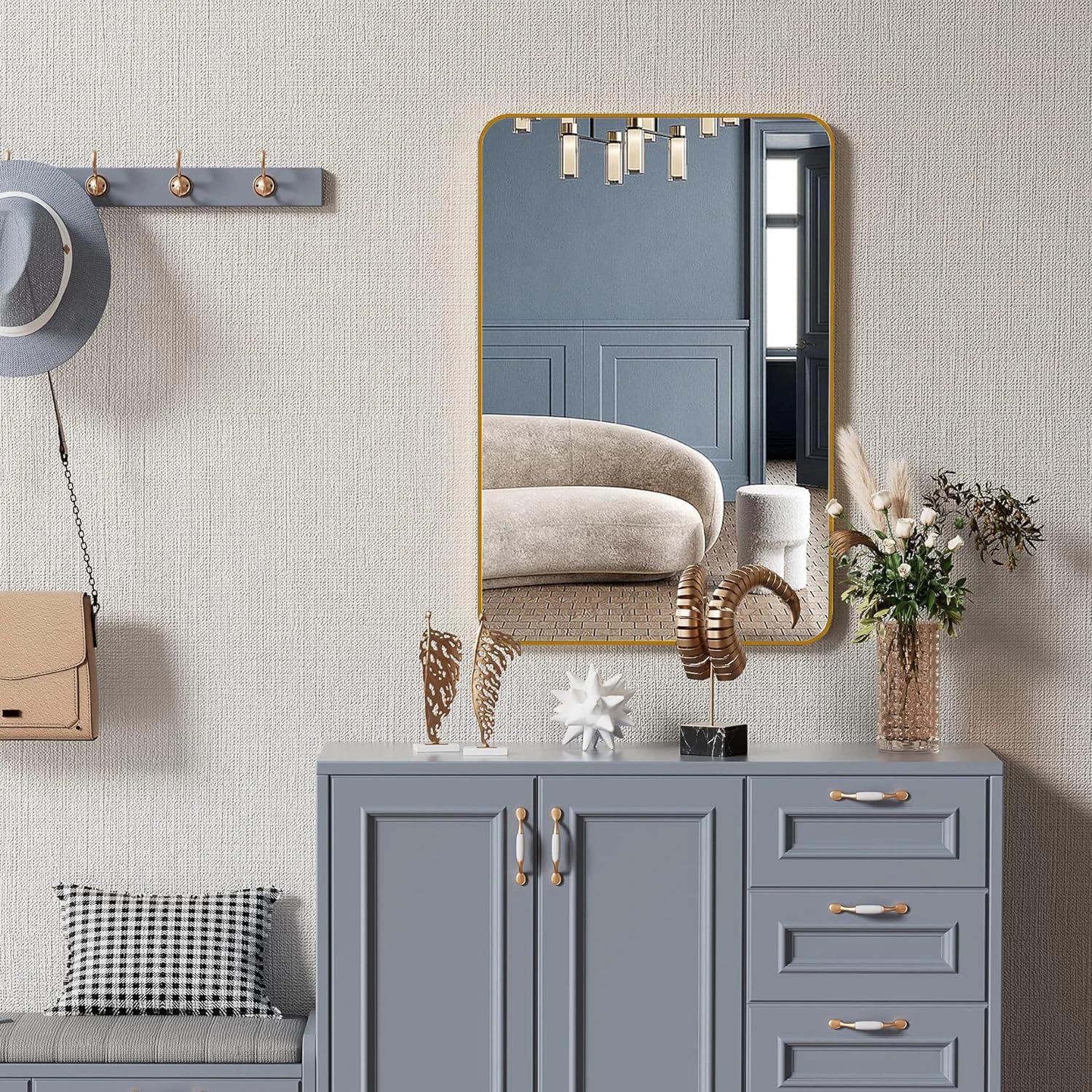 24x36 Inch Simple Gold Metal Framed Rectangular Bathroom Mirror W2203P183175 Wall Decorative for Living Room Made of Aluminium