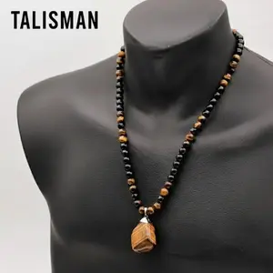 Unity Stone Talisman - Natural Tiger's Eye and Obsidian Necklace, Unisex Balanced Protective Jewelry, Vintage Fashion Beaded Necklace