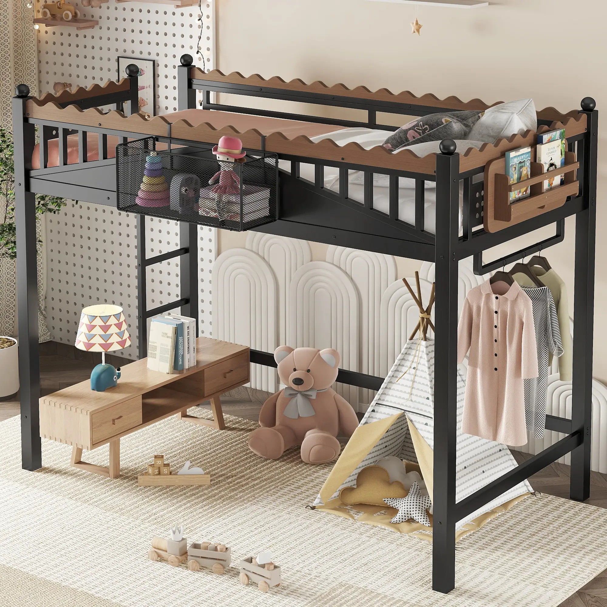 Eyisean Twin XL/Full/Queen Size Metal Loft Bed, Modern Heavy Duty Bed Frame with Wavy Guardrails & Ladder, Space-Saving Loft Beds with Storage Basket & Bookshelf, Pegboard and Clothing Rack, Easy Assembly for Bedroom