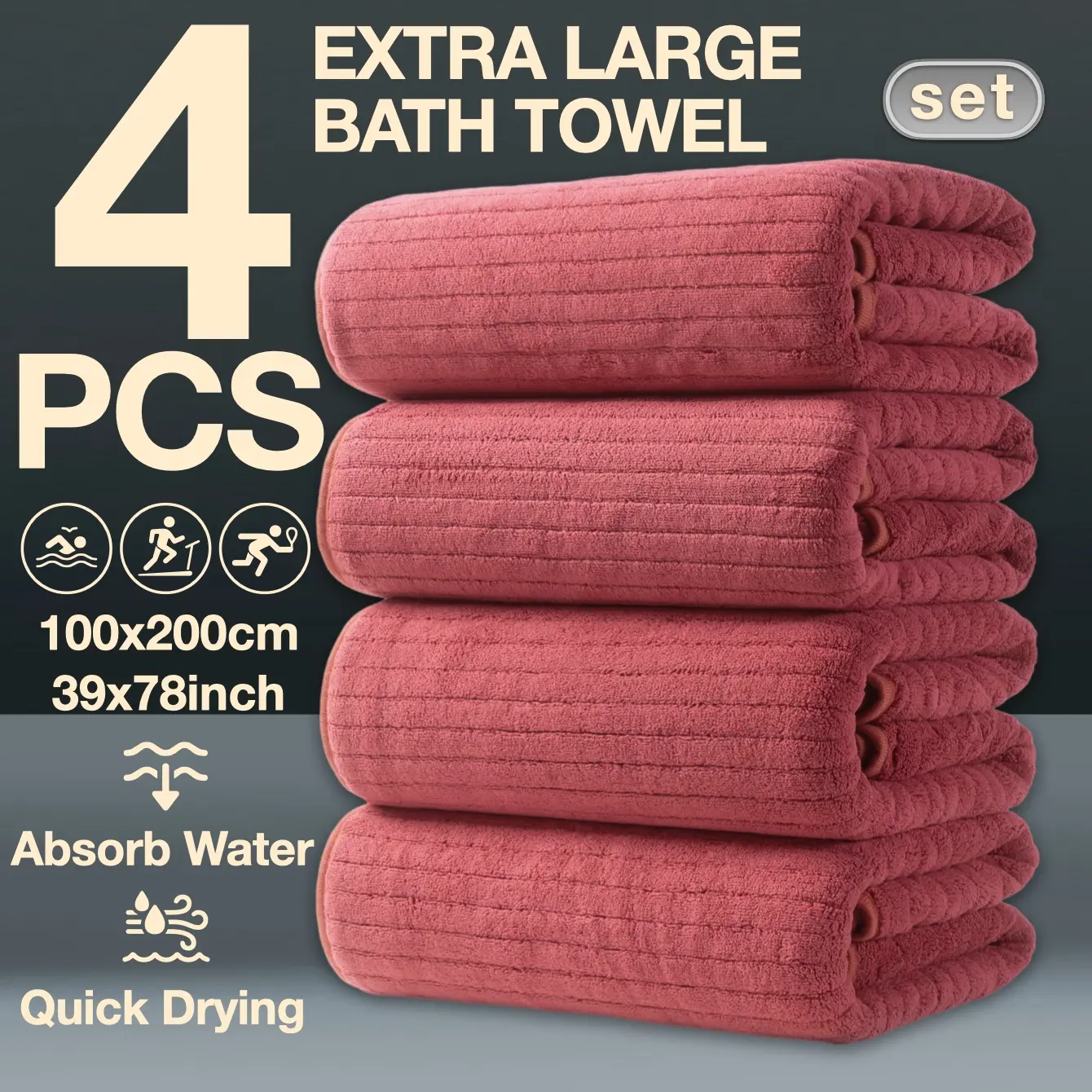 4-Piece Oversized Bath Towel Set, Large Bath Towels, Quick Drying Towel, 100x200cm High-Quality Classic Striped Design, Multi-Color Options, Super Absorbent & Quick-Dry
