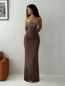 Sexy Series Lace Patchwork Backless Bodycon Dress, Summer Fashion Mermaid Tail Long Dress, Women's Tight Fit Sleeveless Vestido Lady