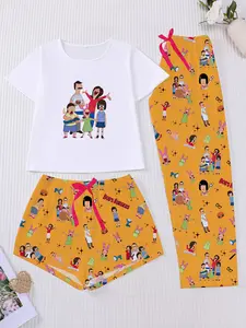Women's Bob's Burgers Cartoon All-Over Print Pajama Set, Short-Sleeve & Long Shorts Loungewear, Three-Piece Sleepwear