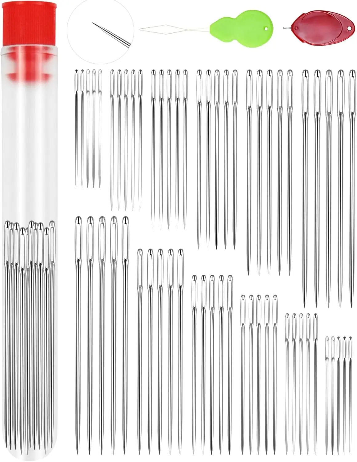 60 PCS Durable Stainless Steel Large Eye Hand Sewing Needles with Threaders - 6 Sizes Sewing Tools for Leather Work, Quilting - Multi-Size Needle Crafts Kit for DIY Enthusiasts, Embroidery