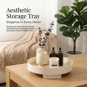 Minimalist Round Bamboo Serving Tray, White Elevated Base Design, Versatile Organizer Tray for Drinks, Cosmetics, Living Room & Bedroom Decor