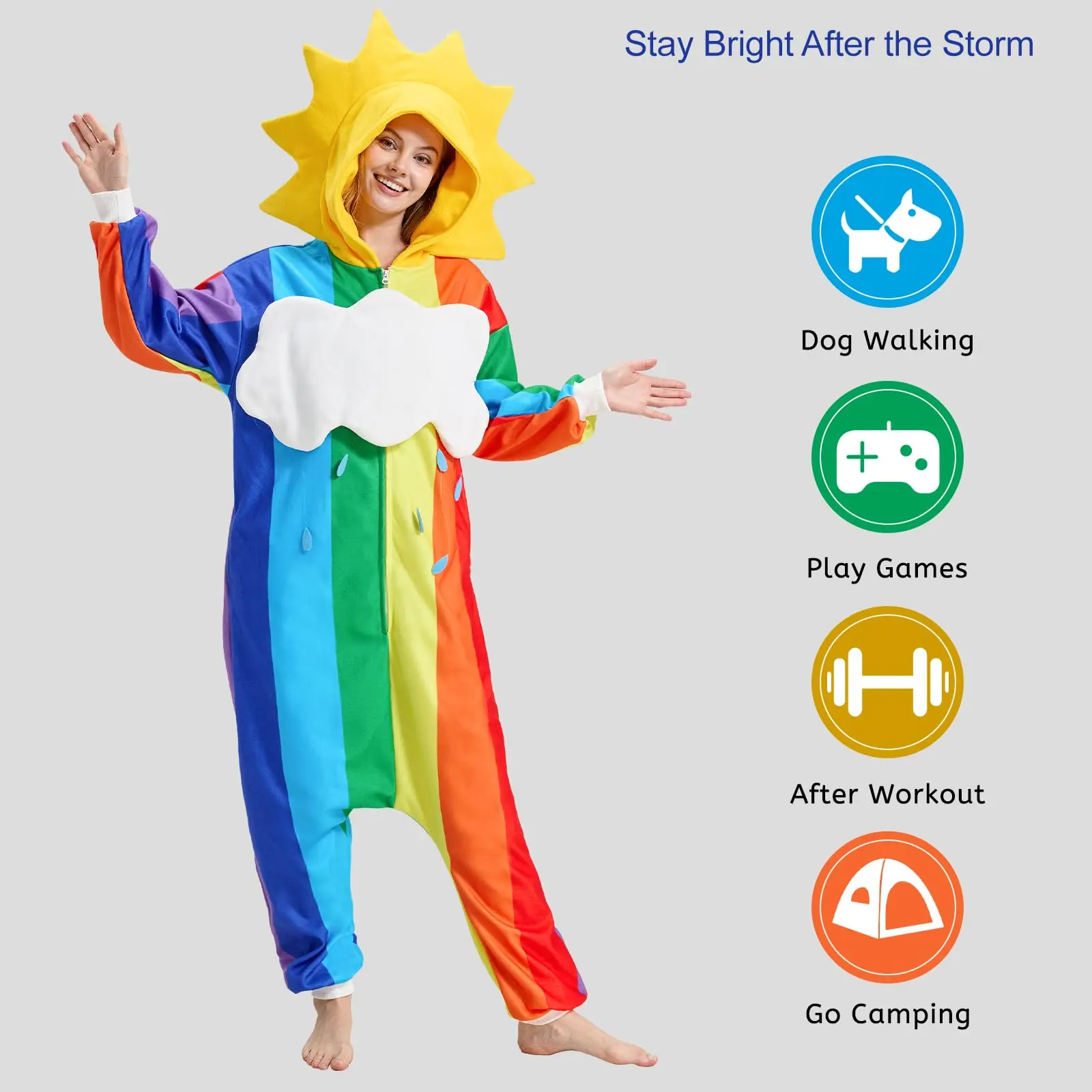 Women's Rainbow Fleece Loungewear Onesie Pajamas - Longsleeve Nightwear Halloween Costume for bodysuit shapewear Sun-Shaped Hood, Wing Pattern & Zip, Polyester Denim Bodysuit for Ladies, Longsleeves Cozy Wear Colorful Womenswear bodysuit for women
