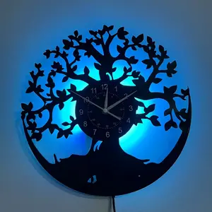 Tree Silhouette LED Vinyl Silent Wall Clock 7 Color Changing Zen Nature Decor for Bedroom Living Room Perfect Gift for Plant Lovers (Battery Not Included)