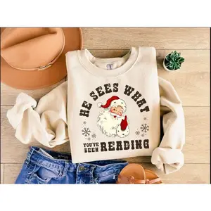 He Sees What You've Been Reading Santa Sweatshirt, Funny Bookish Christmas Santa Sweater, Book Lover Gift, Xmas Sweatshirt, Gift For Her