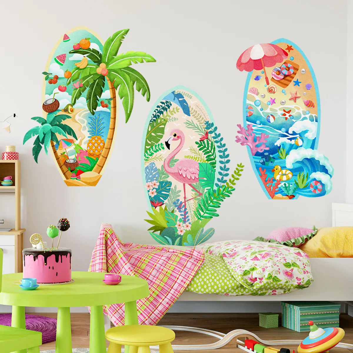 A Set (30*90cm*3pcs) Tropical Surfboard Wall Stickers, Summer Vitality Themed Self-Adhesive Wall Decor Decals for Kids' Room