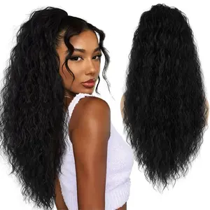 Long Curly Drawstring Ponytail Extension for Women 26 inches Black Long Wavy Clip in Ponytail Synthetic Long Black Drawstring Ponytail for Daily Party Use