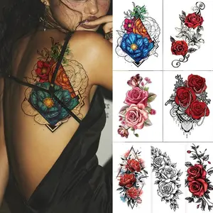 Large Colorful Rose Floral Temporary Tattoo Stickers, Waterproof Realistic Big Flower Fake Tattoos for Women Back Shoulder Arm Body Art