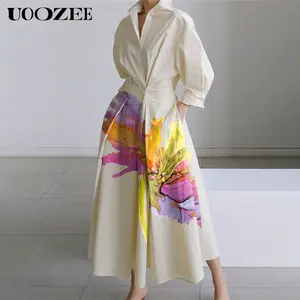 UOOZEE Women's Long Sleeves Loose Floral Printed Pleated Split-Joint Tied Waist Lapel Midi Dresses Shirt Dress