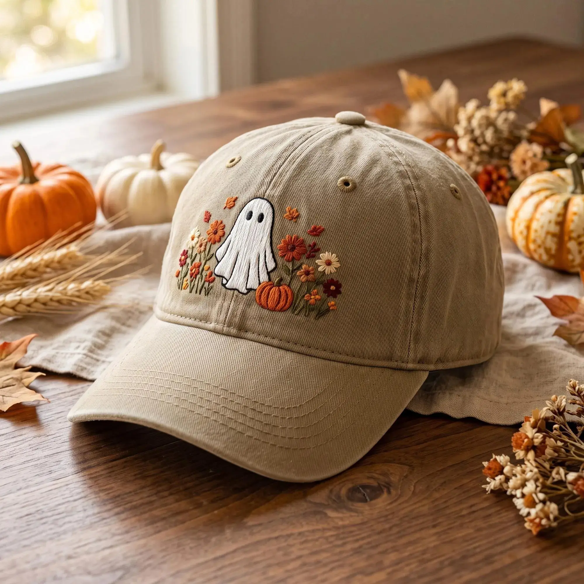 Unisex Adjustable Vintage Embroidered Floral Ghost Dad Hat - Washed Cotton Halloween Cap, Cute Spooky Autumn Gift for Pumpkin Enthusiasts