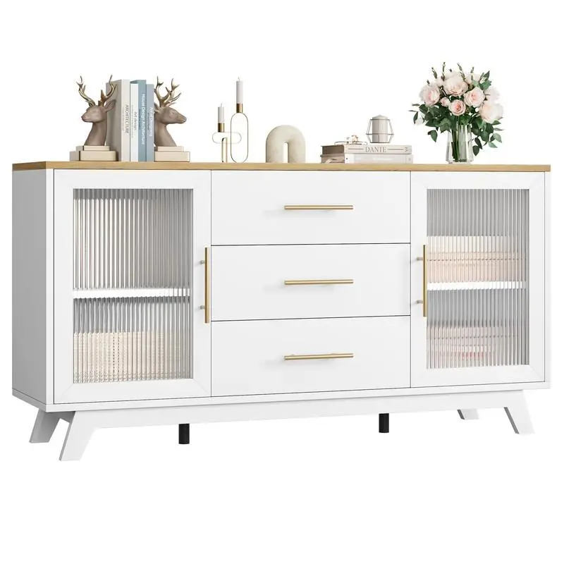 Beige/Khaki Coffer Bar Cabinet with 2 Fluted Glass Doors, 56" Modern Sideboard Buffet Cabinet with 3 Drawers, White Large Storage Cabinet for Kitchen Dining Room Living Room, Natural Top