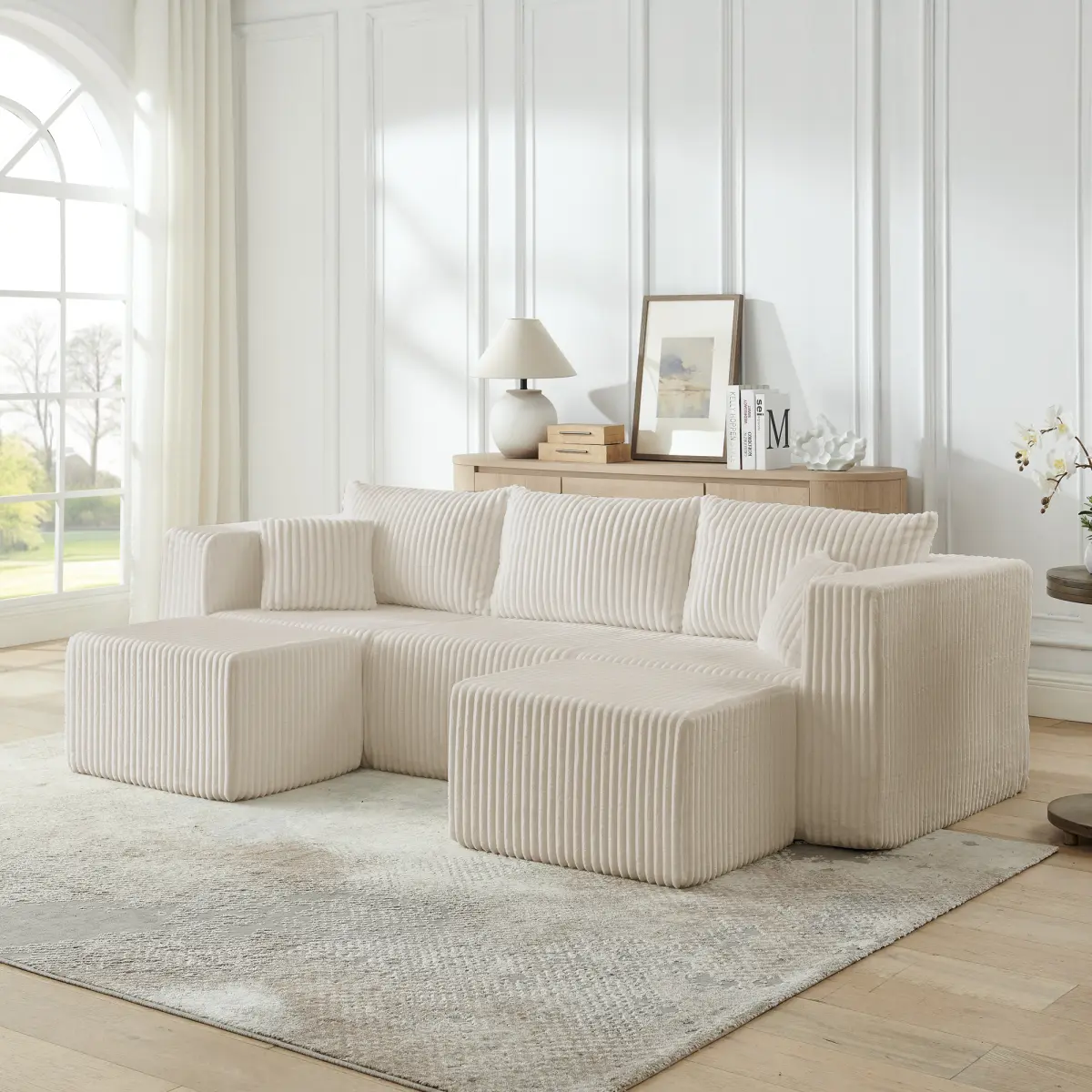 Beige Corduroy Fabric 3-Seat Modular Sectional Sofa - Square Armrests, High-Density Foam, Compact Design, Pre-Assembled, Family-Friendly Modern Minimalist Indoor Furniture for Apartments, Durable, Family-Friendly For Elderly