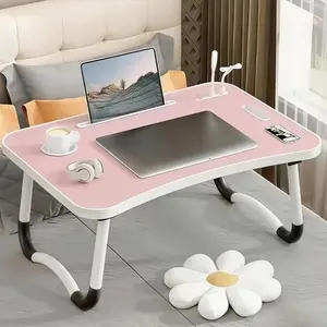 Folding Laptop Desk for Bed & Home Office Portable Study Table with USB Ports Mini Fan Lamp Carry Handle Cup Device Slots for Laptop Tablet Compact Foldable Lightweight Stable Durable Multi Purpose