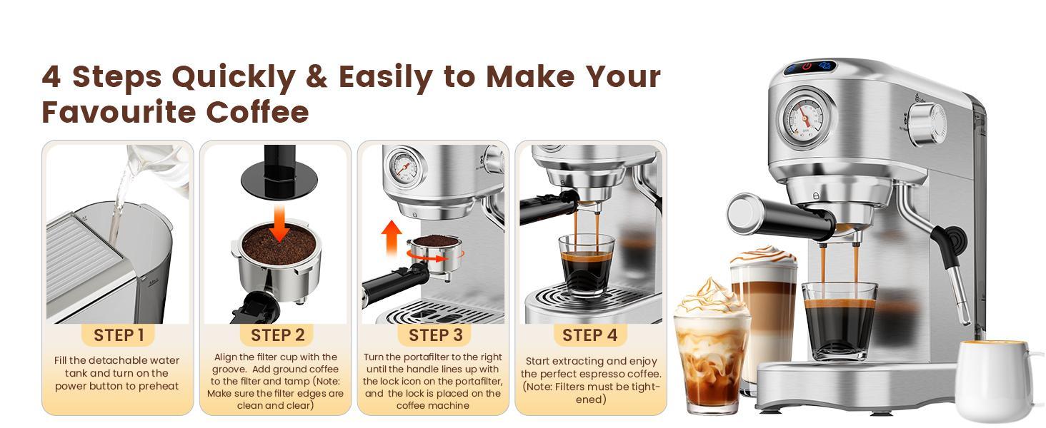 Semi-Automatic Stainless Steel Espresso Machine - 20 Bar, 1450W, 34oz Removable Tank, Small Footprint Household Personal Coffee Maker with Milk Steamer & Frother for Latte, Cappuccino Ready, Hot Water on Demand, Silver (Ideal for Birthdays, Father’s Day),
