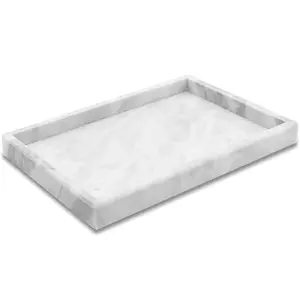 Natural Calacatta White Marble Tray, 12x8 Inch Stone Vanity Tray for Bathroom Counter, Non-Ceramic/Non-Resin Decorative Organizer for Perfume Jewelry Home Decor