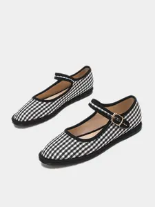 Vintage Velvet Flat Mary Jane Shoes, Plaid Almond Toe, Round Toe, Medium Width, Casual Style, All Seasons, Women's Party Shoes