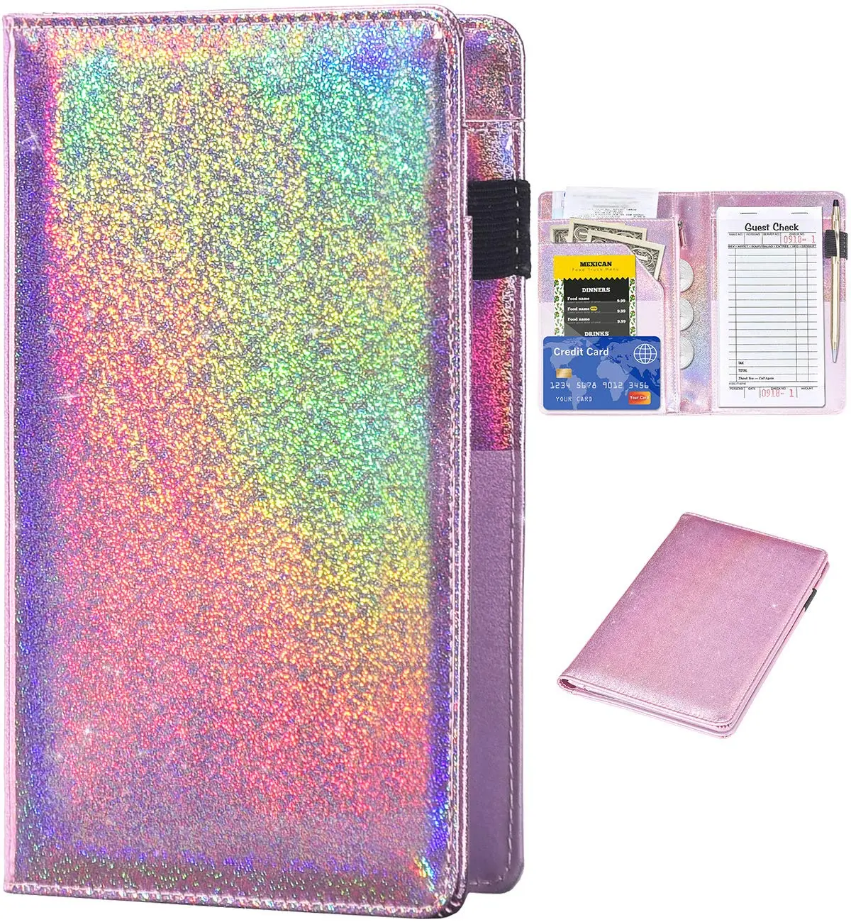 Server Books for Waitress - Glitter Leather Waiter Book Server Wallet with Zipper Pocket, Glitter Rose Gold