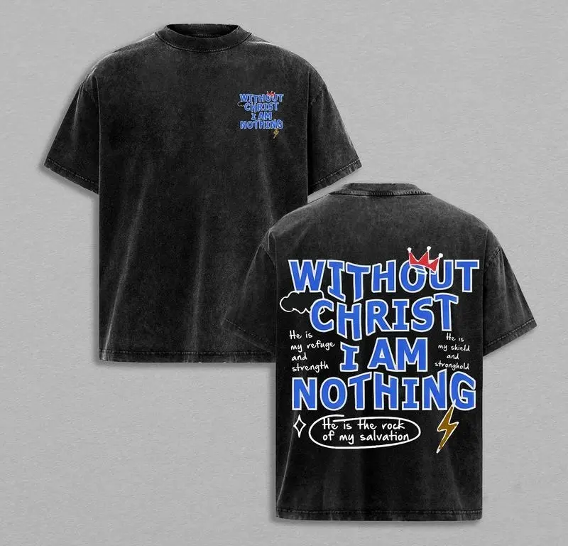 Men's Vintage Washed Distressed Christian T-Shirt - "Without Christ I Am Nothing" Short-Sleeve Faith-Based Top, Festive Menswear Casual Graphic Apparel, Tshirt, Round Neck