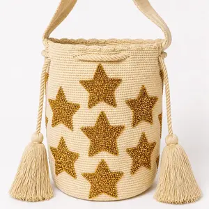 Large Star Bag Beige Whit Stones Handmade Caramel Color with Glitter stars & Stylish Tassels 11inch. X 11 inch