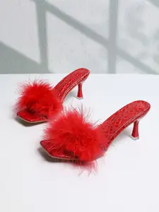 Spring Summer Open Toe Plush Decor High Heel Sandals Women, Elegant Fairy Style Fashion Match Dresses Pants French Versatile Comfortable Shoes, Heeled Sandals, Chic Summer Footwear