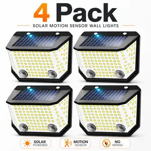 Costech 4-Pack Solar Motion Sensor Lights Outdoor, 122 LED Solar Security Wall Lights, 300° Wide Angle IP65 Waterproof Solar Lights for Garage, Driveway, Yard, Fence