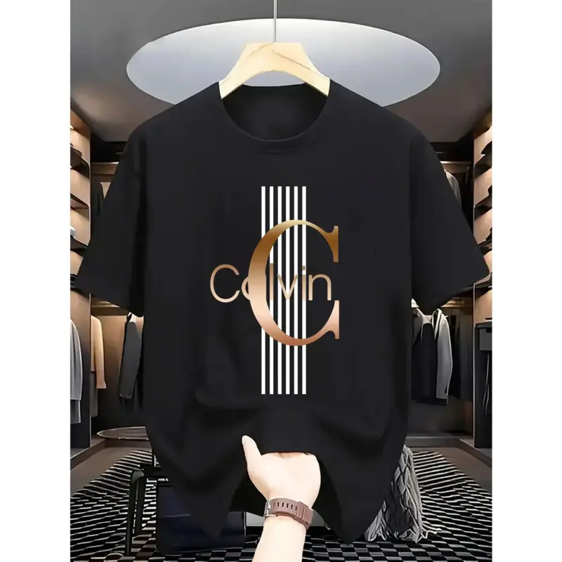 Men's Casual Calvin Pattern T-Shirt - Bold Letter Print, Black Stripes and Gold Accents, Breathable Round Neck Summer Streetwear, Comfortable Everyday Fashion T-Shirt, Cotton T-Shirt, Ideal Gift, Unisex
