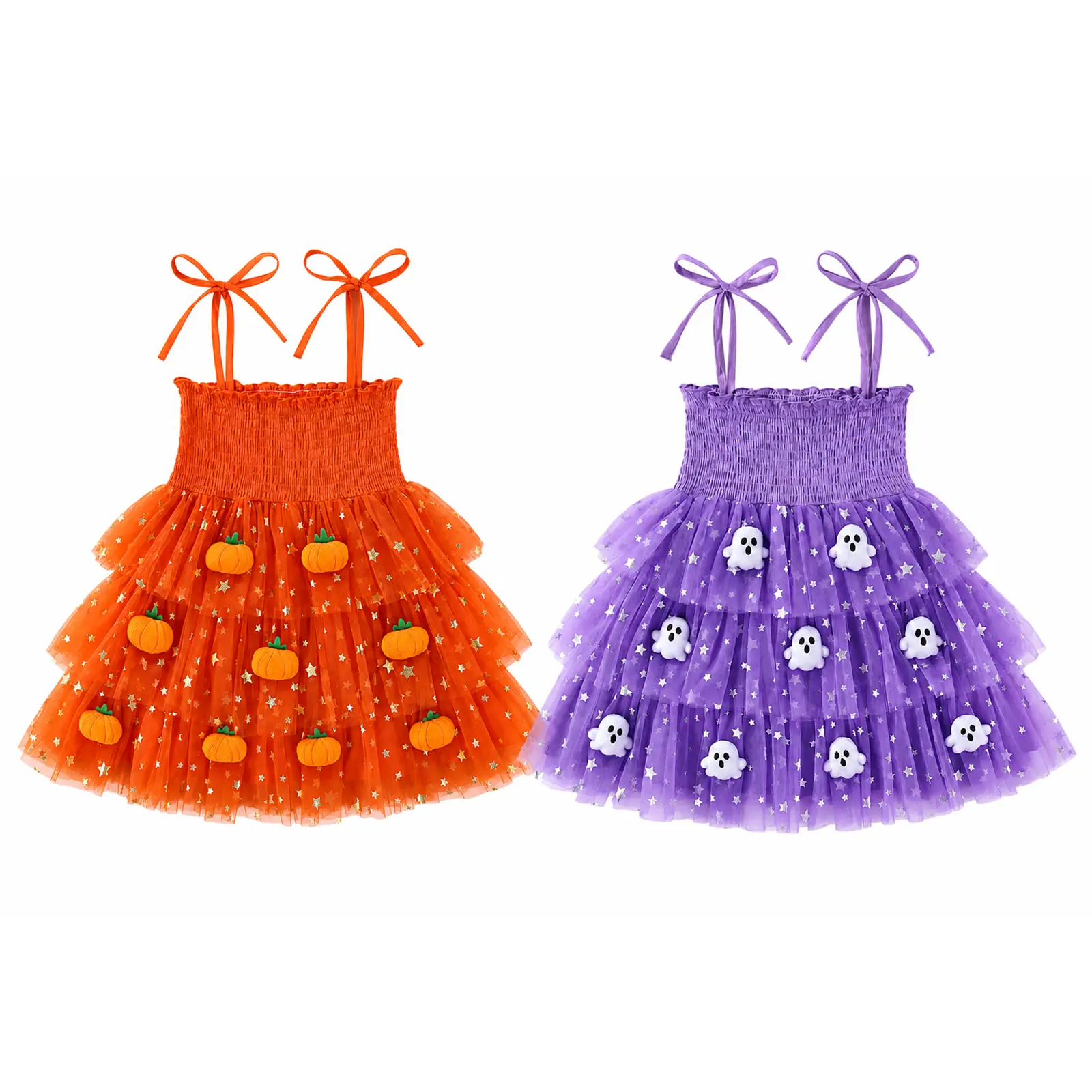 Toddler Girls Halloween Dress Pumpkin/Ghost Decor Star Pattern Shoulder Tie Sleeveless Dress Kids Layered Tulle Dress