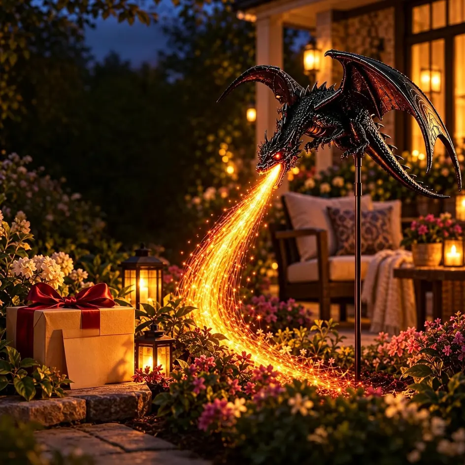 Solar Fire-Breathing Dragon Garden Stake Light Outdoor Waterproof LED Mythical Dragon Figurine Landscape Lighting Warm Glow Fire Flame Effect Yard Art Decor for Lawn Pathway Walkway Patio Backyard Fantasy Decor Easy Setup