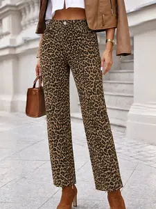 Spring Summer Leopard Print Vintage Elegant High Waist Elastic Women's Jeans, Fashion Fitted Casual, Casual Fitted Straight Leg Pants for Daily Commute Vacation, Casual Streetwear Pants