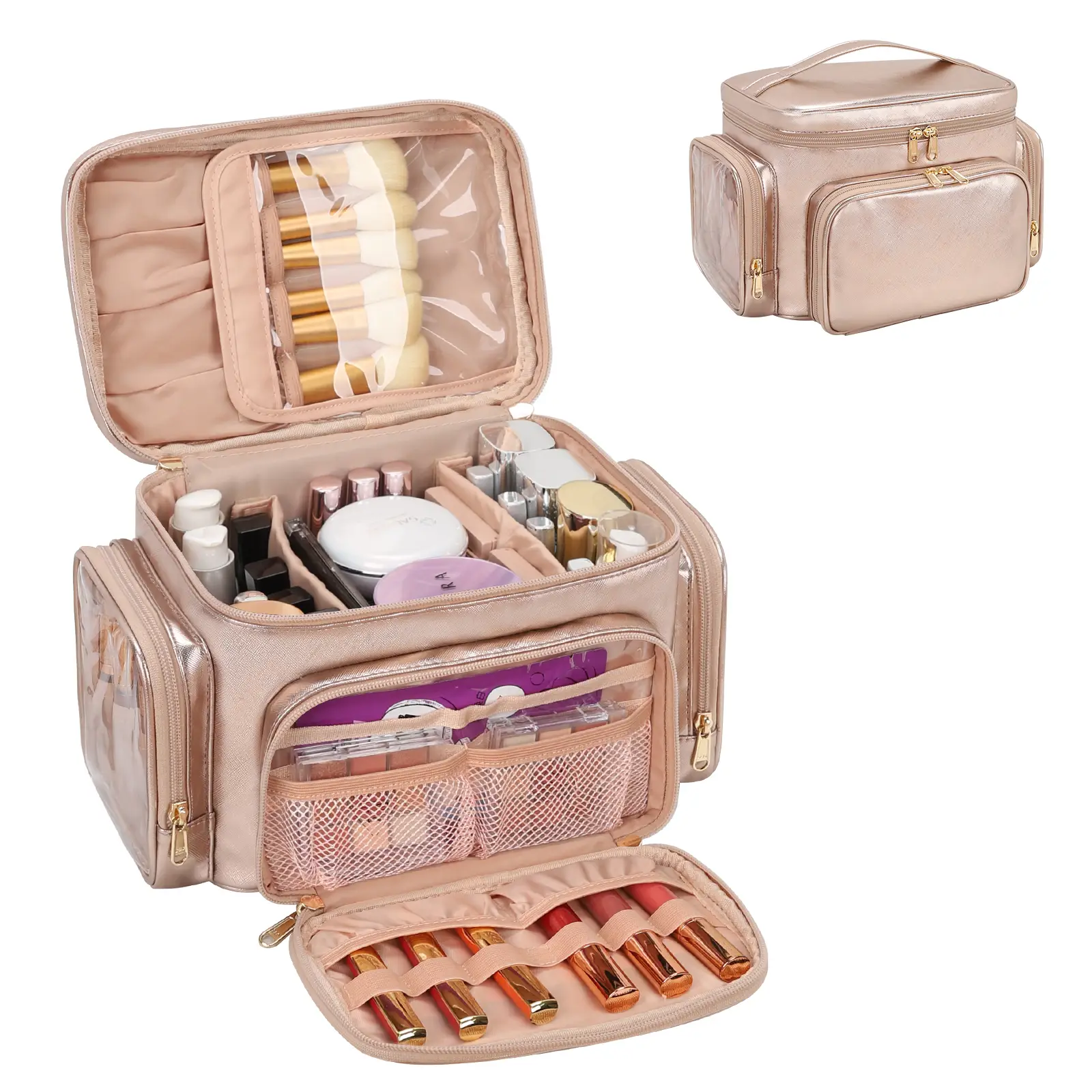 Relavel Large Makeup Bag, Portable Travel Makeup Bag Organizer for Women Girls with Makeup Brush Compartment & Two Side Pockets, Cosmetic Travel Bag V
