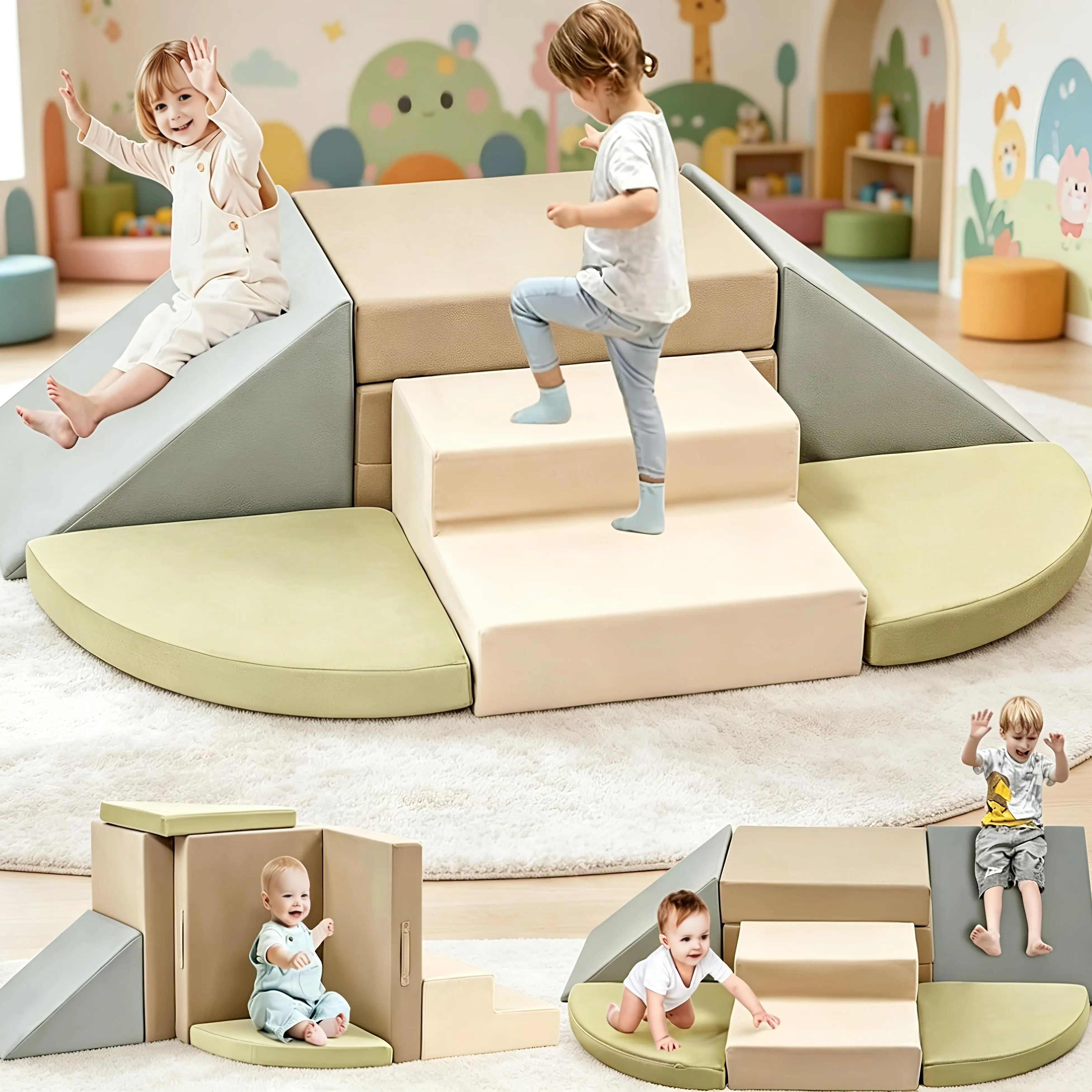 WINZOO 6-Piece Soft Play Set, Thick Foam Climbing Blocks & Indoor Infant Play Gym for Toddlers 1-3 Years Old, Crawling & Sliding Equipment