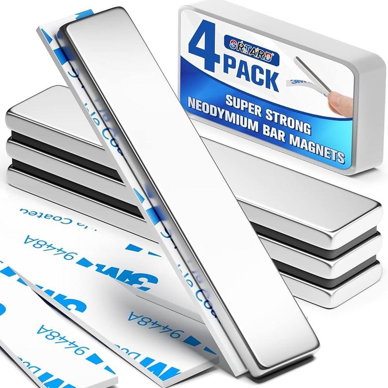 4Pack Neodymium Magnet Bar, Powerful Bar Magnets, Magnet Strips Heavy Duty, Strong Rare Earth Magnets with Double-Sided Adhesive for Craft, Fridge, Kitchen, Office - 60 x 10 x 3 mm
