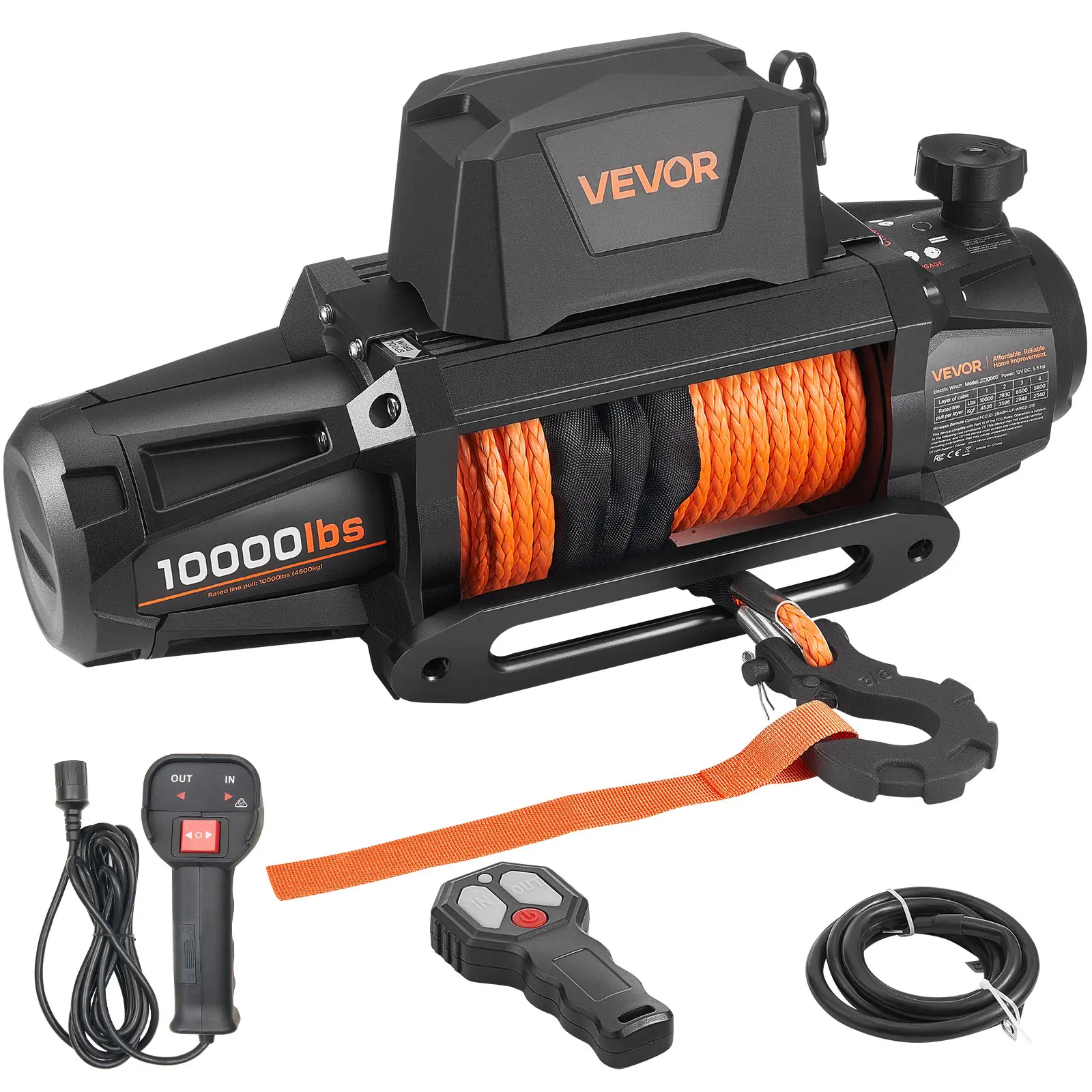 【summerfinds】VEVOR Electric Winch, 10000 lbs Load Capacity, 12V DC Truck Winch with Φ7/20 in x 90 ft Synthetic Rope, Wireless & Wired Remote Control, IP67 Waterproof for Towing Off-Road SUV Jeep Trailer Boat
