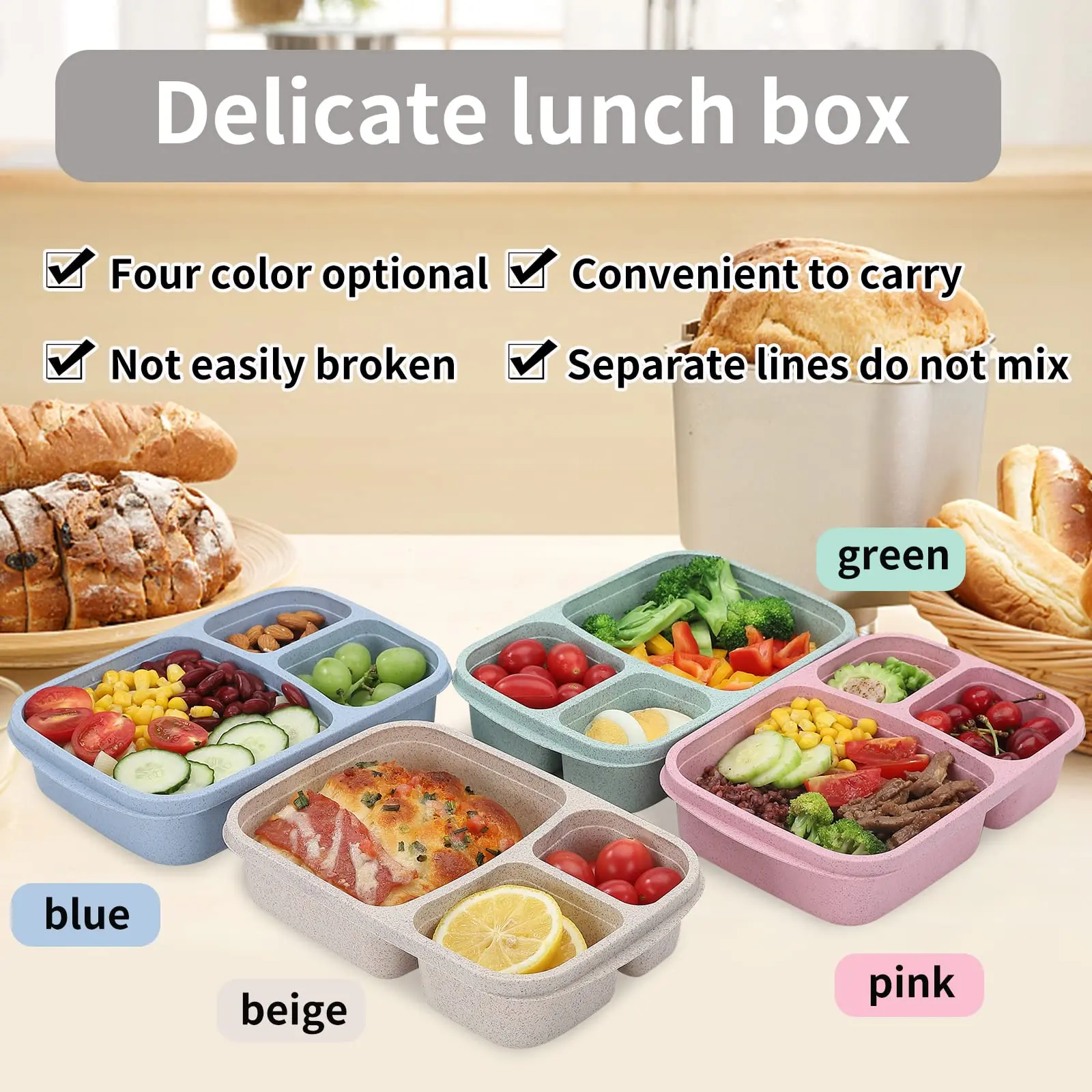 4 Pack Bento Lunch Box Set 3 Compartment Wheat Straw Meal Prep Food ...