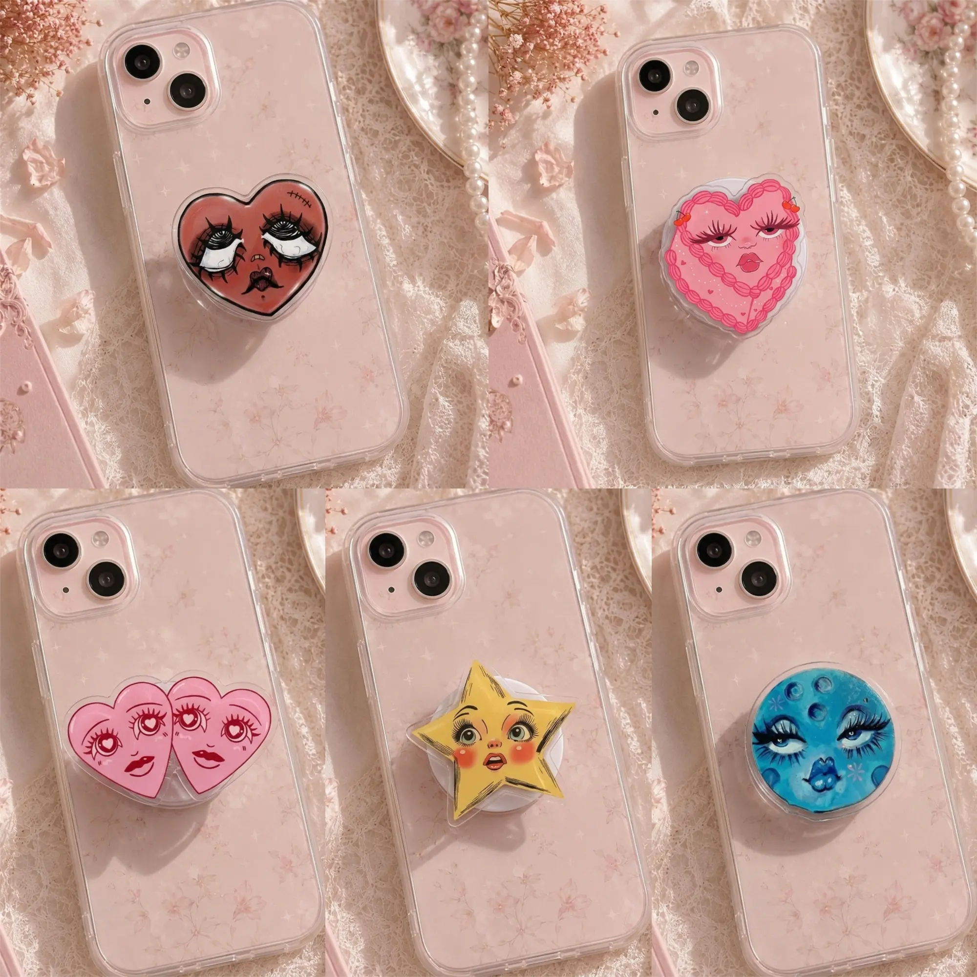 Unique Aesthetic Phone Grip Collection - Quirky Face Design Griptoks (Heart, Star & Moon), Premium Acrylic Phone Holder for iPhone/Android, Trendy Mobile Accessory, Cute & Bold Desk Decor, Gift for Her