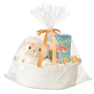 Mother’s Day Gift Basket Empty – Small Woven Cotton Rope Basket with Liner Bag & Ribbon, Gift for Mom, Baby Shower, Father’s Day, Birthday, Raffle – Decorative Storage Basket for Dog Toys, Nursery & Shelf