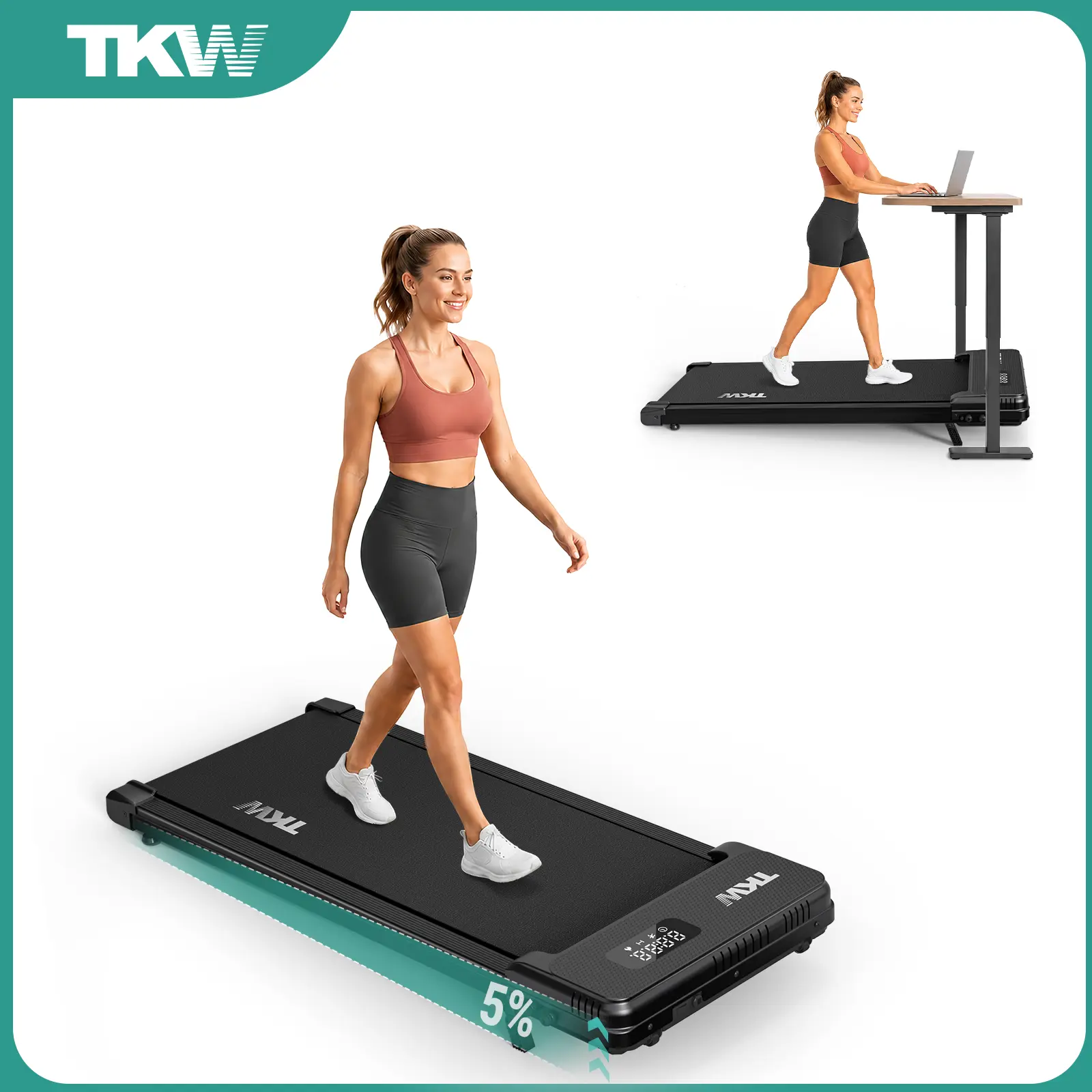 TKW 3-in-1 Under Desk Treadmill Indoor Fitness Machine, 5% Manual Incline, 2.5HP Motor Walking Pad for Work & Exercise, LED Display, Remote Control