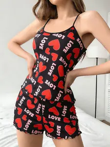 Heart Letter Print Halter Nightgown Set for Women, Cute Ruffle Home Wear Matching Two-Piece Pajamas, Comfortable Sleepwear for Ladies