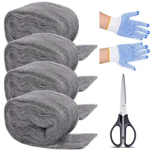 4 Pack Steel Wool for Mice Control 3.2"x10.5 ft Wool,Gap Filler for Home & Garage,DIY Bundle with Gloves & Scissors,Halloween Christmas Party Gifts,Hand Tools Kits