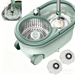 Spin Mop & Bucket Set – Flat Microfiber Mop, 3 Reusable Pads, Telescopic Handle – Works on Hardwood, Laminate, Tile – Green