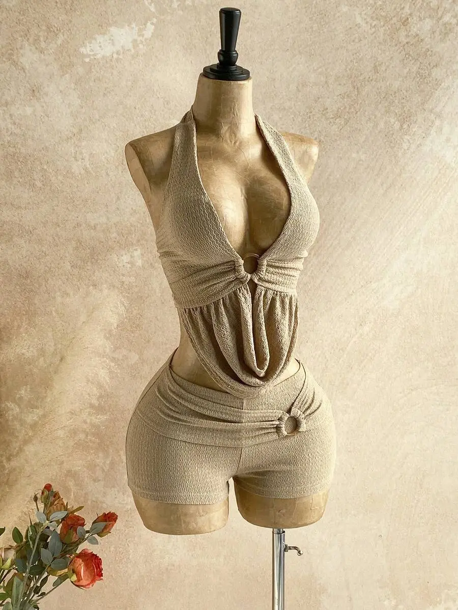 MALINDA Vacation Casual Backless Halter Top And Shorts 2 Pieces Set Summer Holiday Outfits Carnival Outfit